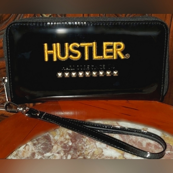 Hustler Black Patent Faux Leather Wristlet or Cosmetic Bag - Picture 2 of 5